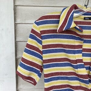 Zara Striped Knit Polo crop top — Red, Blue & Yellow